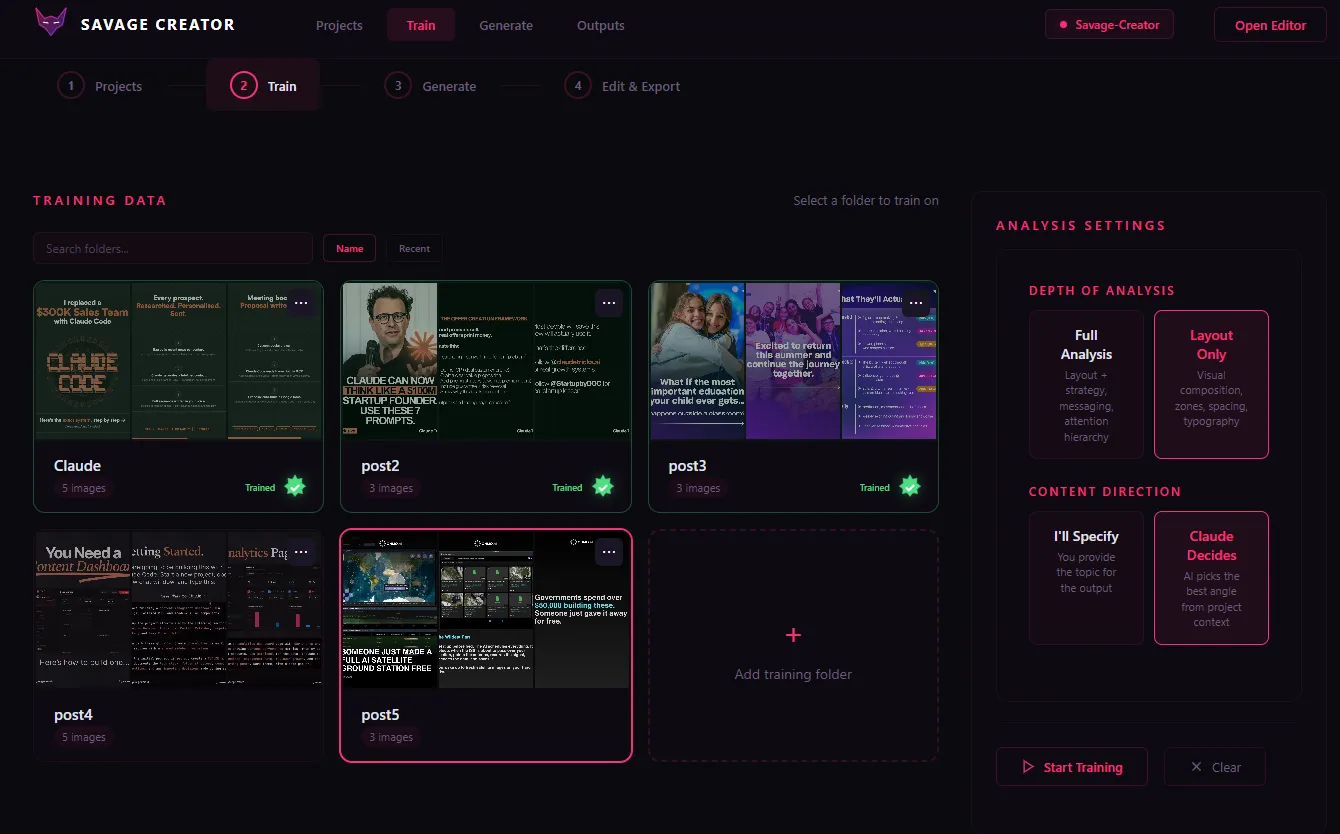 Savage Creator local editor showing carousel template browser and live preview