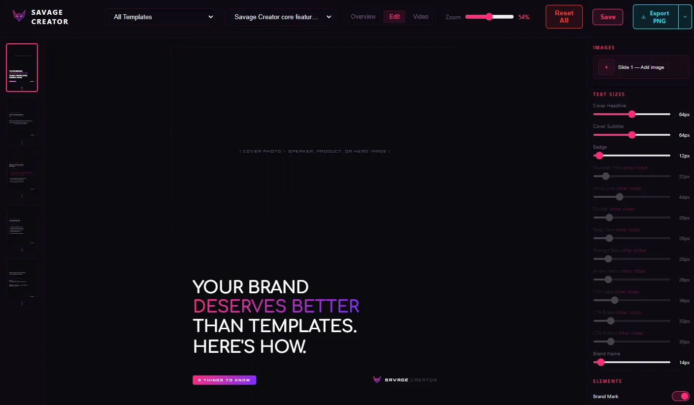 Savage Creator editor with AI-generated social media post and editing controls