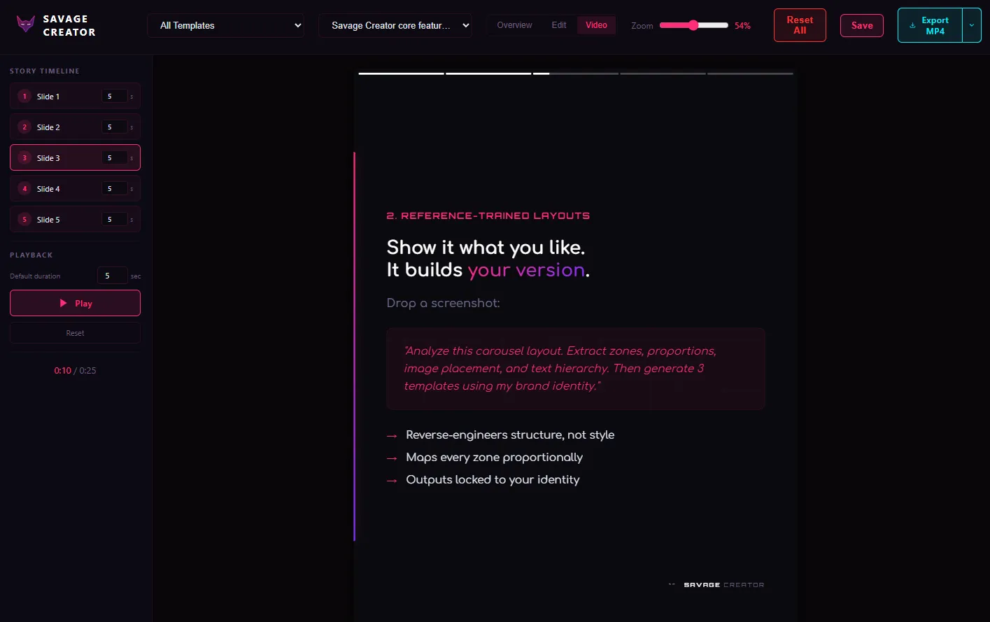Savage Creator editor exporting production-ready carousel slides